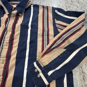 VTG 90s Links Long Sleeve Button Up Vertical Stripe Shirt Tan Navy Classic Sz XL